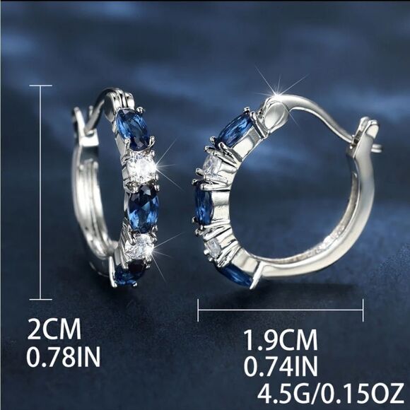 Beautiful Blue and White 2.20 Ct. Sapphire Hoop Earrings 14K White Gold on 925 - Picture 7 of 8